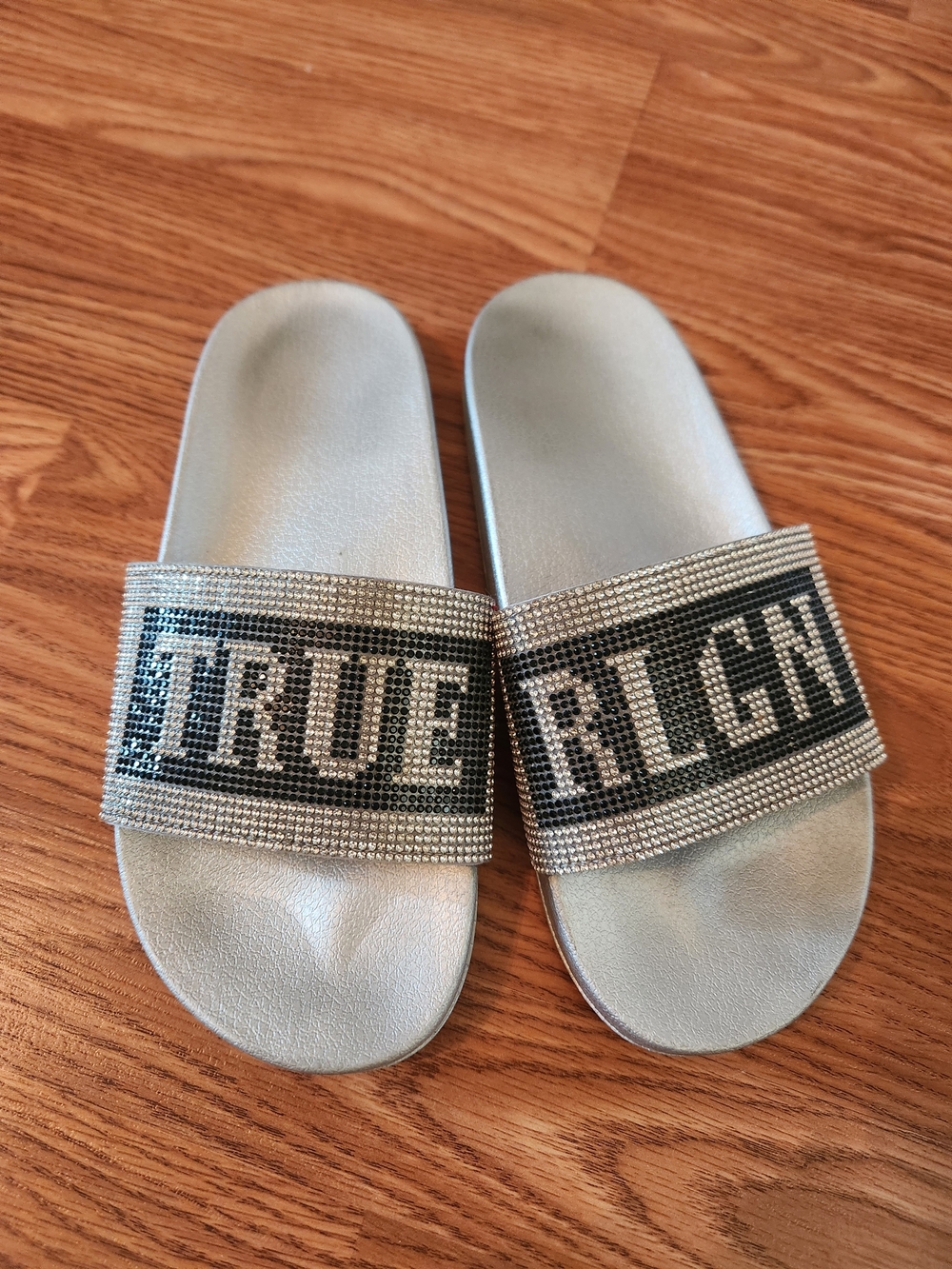 True Religion Silver Crystal Logo Slide Sandals